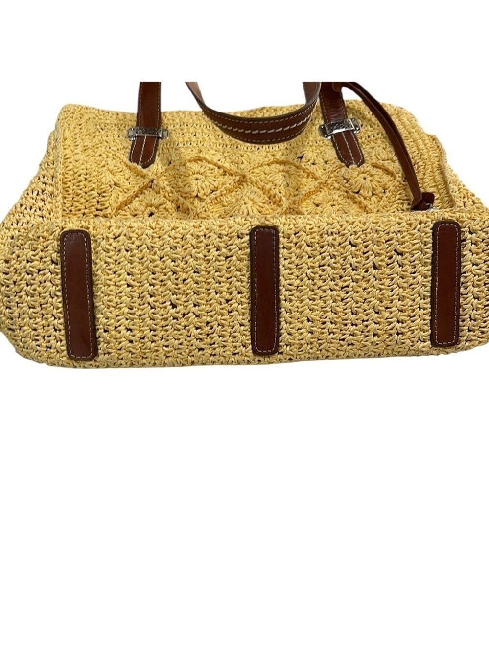 Brighton Crochet Straw Rafia Tote Bag Daisy Print Lining Yellow - Picture 4 of 7